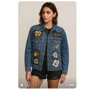 Denim Trucker jacket customized w Queen Freddy Mercury band patches Unisex